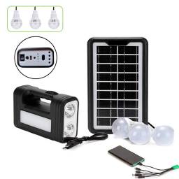 Kit Foco C/ Panel Solar 3 Lamparas Power Bank 4500 MAH Cargador y Linterna
