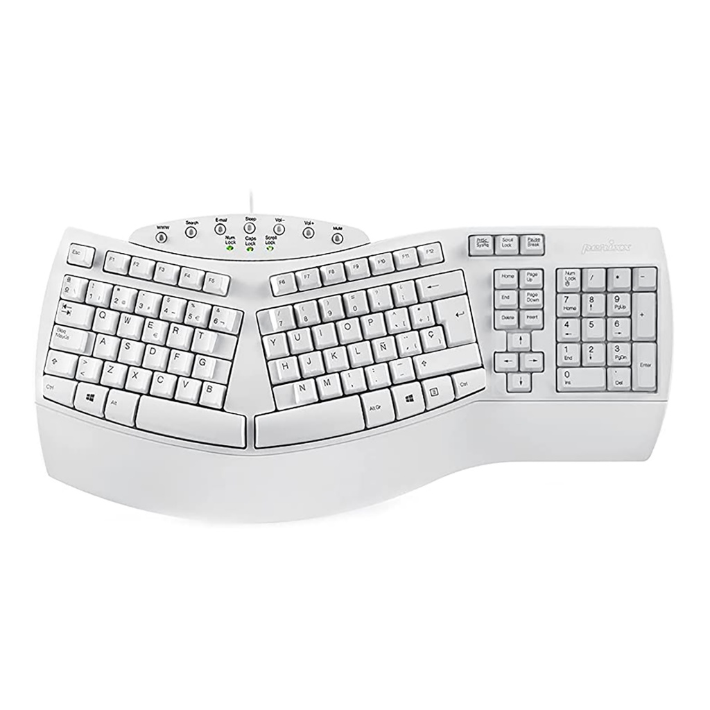 El Teclado Ergonómico USB Perixx 512 Multimedia es ideal para quienes buscan confort y funcionalidad. Su diseño en blanco no solo es elegante, sino que también promueve una postura saludable. Con teclas multimedia, tendrás acceso rápido a tus herramientas