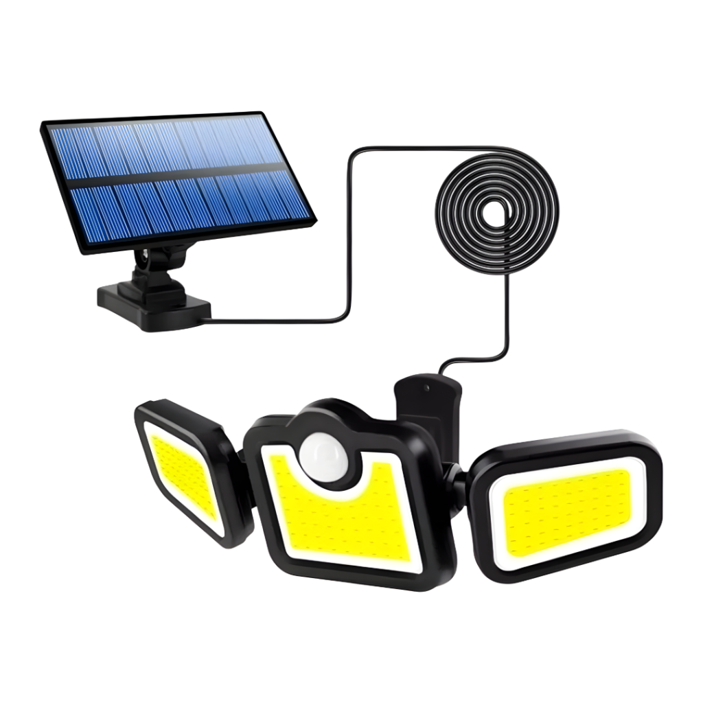 Foco solar de tres cabezales con diseño moderno y funcional. Tiene una potencia de 20W y cuenta con 171 LEDs COB que emiten luz fría. Equipado con control remoto, sensor de movimiento y fotocélula, se enciende automáticamente al anochecer. Ofrece tres mod