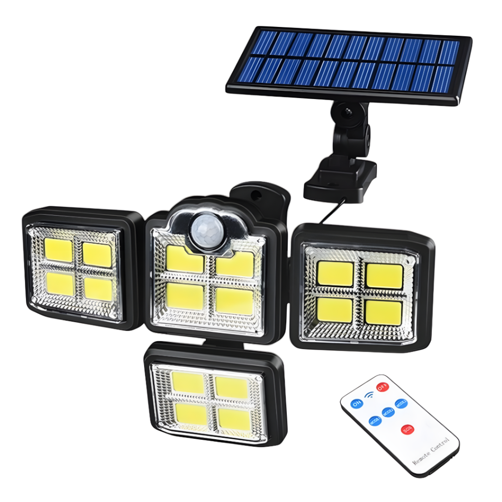 Foco solar de 4 cabezas con 35W de potencia y 198 LEDs COB, ideal para iluminar jardines y patios. Incluye un sensor de movimiento que activa la luz al detectar movimiento y un control remoto para ajustar la intensidad. Su batería de 2400 mAh garantiza un