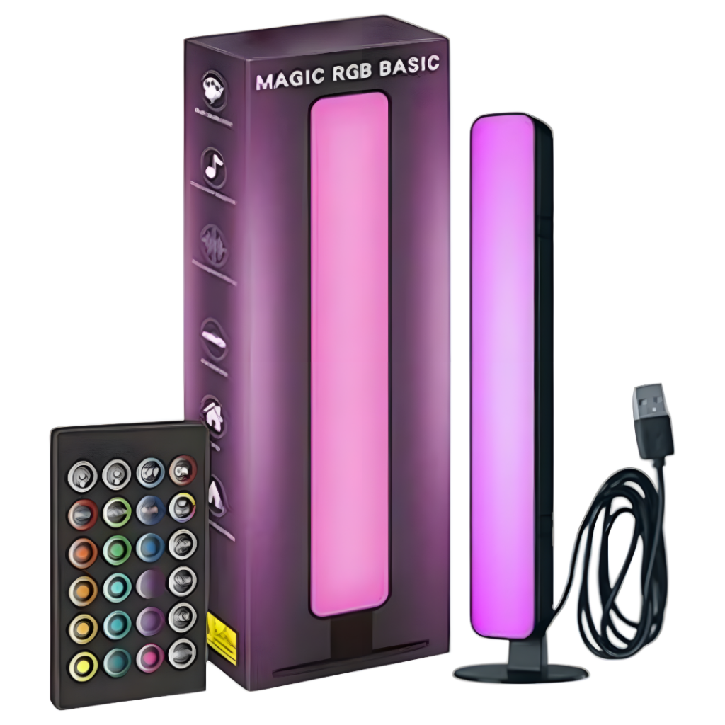 Barra lámpara LED RGB de 10W con control remoto. Ofrece colores vibrantes y se sincroniza con la música, creando una atmósfera envolvente. Ideal para fiestas y decoración del hogar, combina estilo y eficiencia energética en un diseño compacto. Perfecta pa