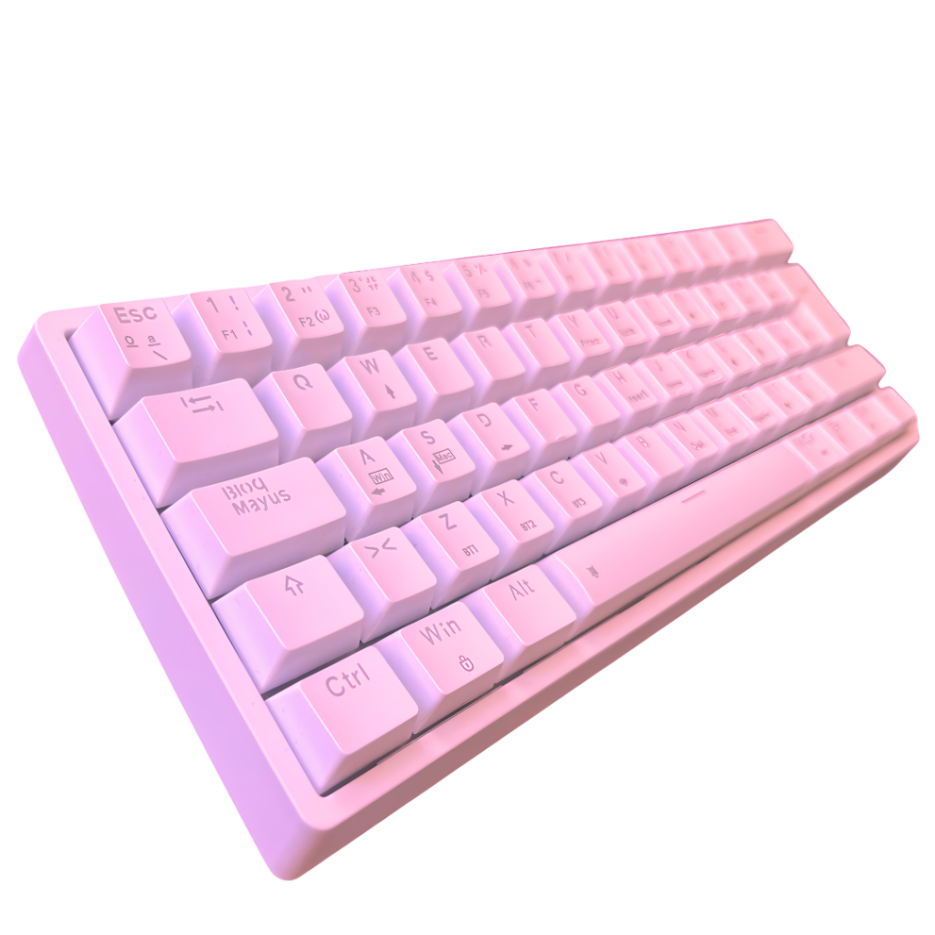 Teclado mecánico gaming Eagle Warrior KGY182 en color rosado. Cuenta con 62 teclas mecánicas, retroiluminación RGB personalizable y interruptores mecánicos azules. Diseño compacto ideal para setups minimalistas. Compatible con Windows y Mac, incluye cable