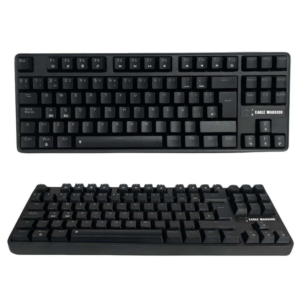 Teclado mecánico gaming Eagle Warrior KGY282 en color negro. Cuenta con 88 teclas mecánicas, retroiluminación RGB personalizable y interruptores mecánicos azules. Diseño compacto ideal para setups minimalistas. Compatible con Windows y Mac, incluye cable 