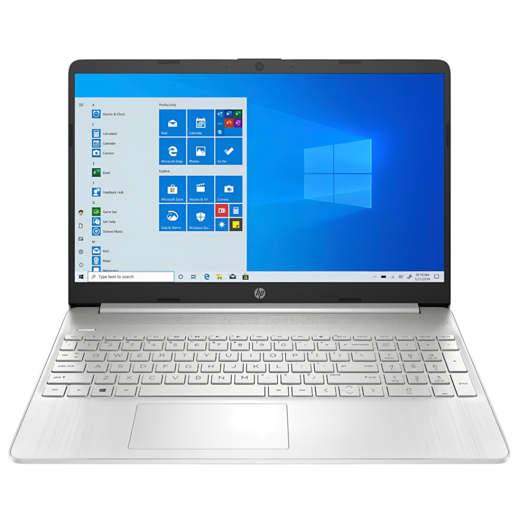 Imagen del HP Notebook 15-DY0025, un laptop con pantalla de 15.6 pulgadas y resolución de 1366 x 768 píxeles. Equipado con procesador Intel Pentium Silver N5030, 8GB de RAM y 256GB EMMC. Diseño en color plateado, ligero y portátil, ideal para trabajo y en