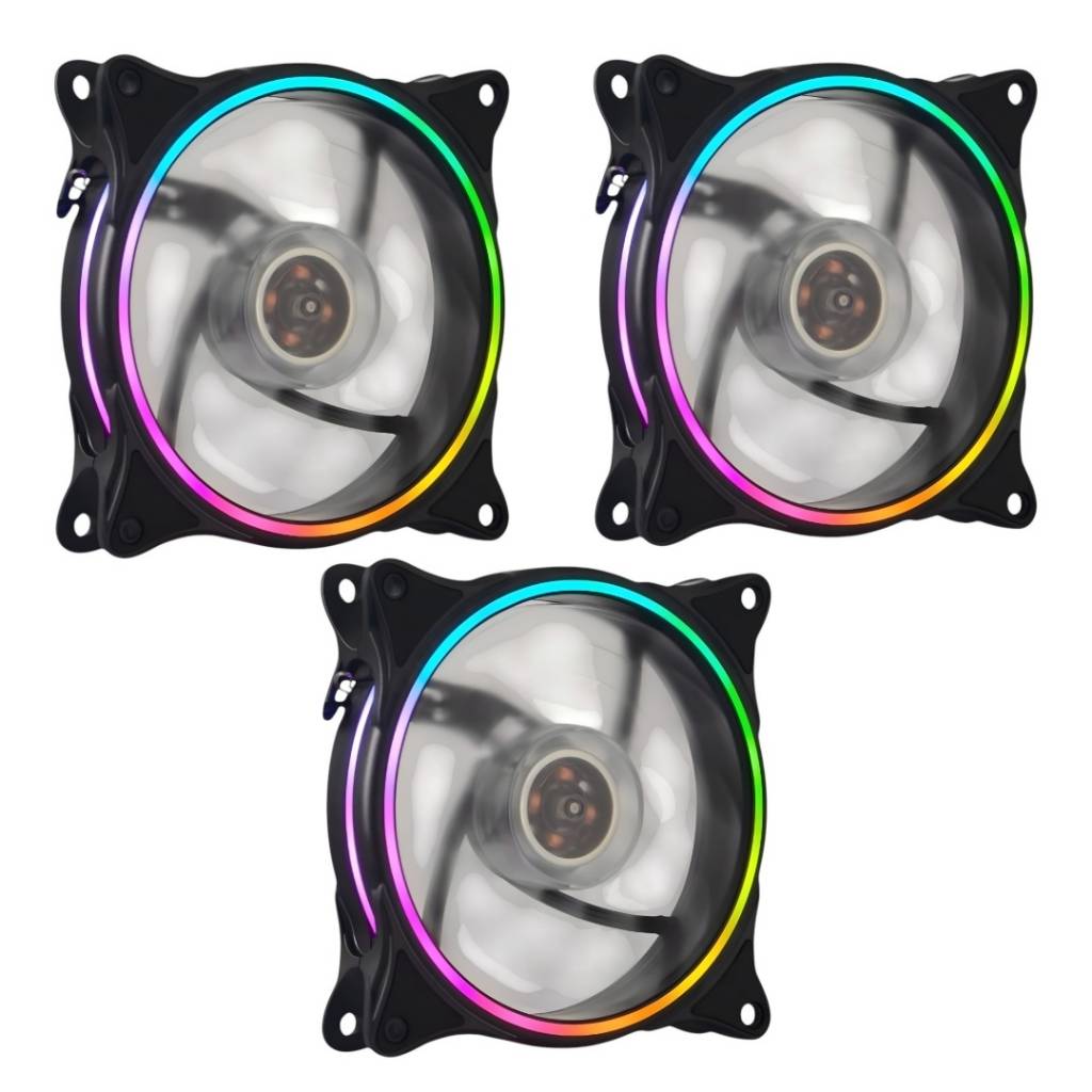 Ventilador RGB de la serie Shot Gaming Pro, de 12 cm, con iluminación en aro doble cara. Pack de 3 unidades diseñado para ofrecer refrigeración eficiente y funcionamiento silencioso. Conector Molex de 4 pines, ideal para configuraciones en cascada. Perfec