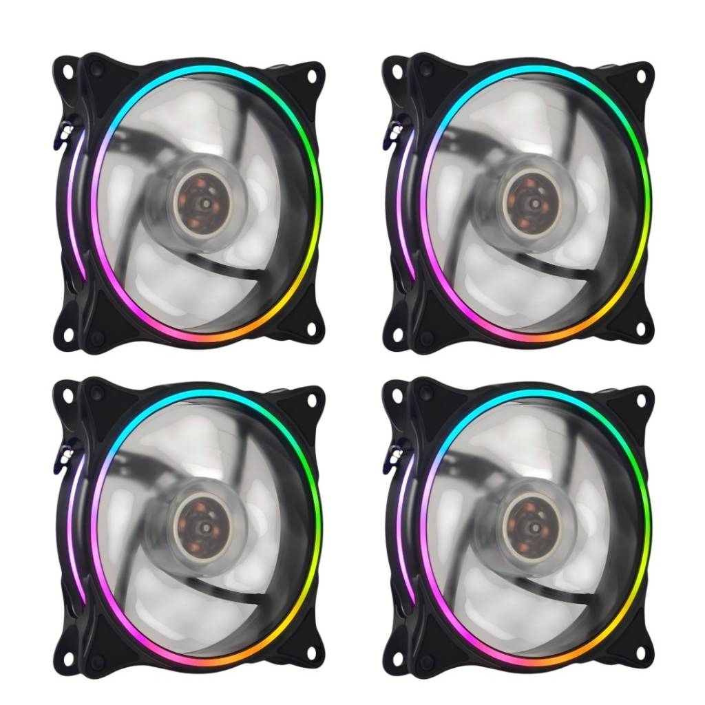 Ventilador RGB de la serie Shot Gaming Pro, de 12 cm, con iluminación en aro doble cara. Pack de 4 unidades diseñado para ofrecer refrigeración eficiente y funcionamiento silencioso. Conector Molex de 4 pines, ideal para configuraciones en cascada. Perfec