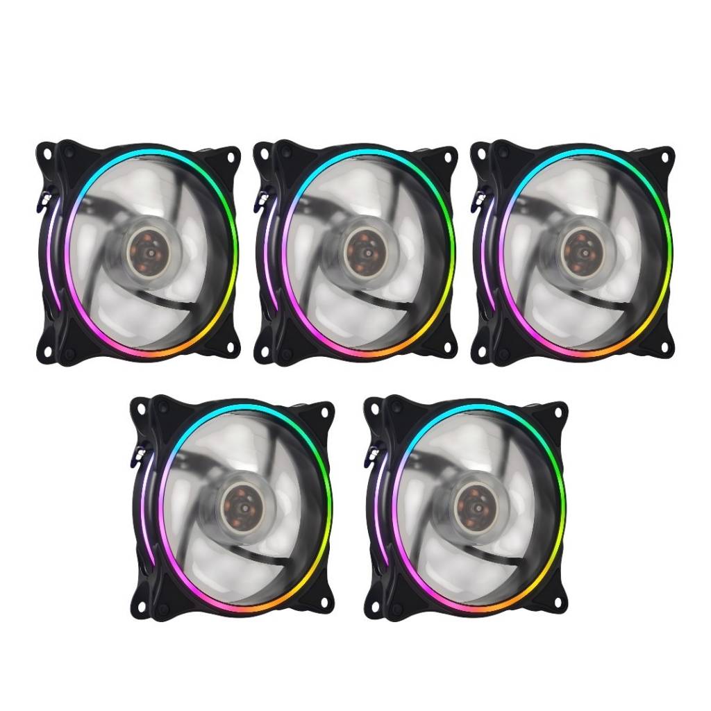 Ventilador RGB de la serie Shot Gaming Pro, de 12 cm, con iluminación en aro doble cara. Pack de 5 unidades diseñado para ofrecer refrigeración eficiente y funcionamiento silencioso. Conector Molex de 4 pines, ideal para configuraciones en cascada. Perfec