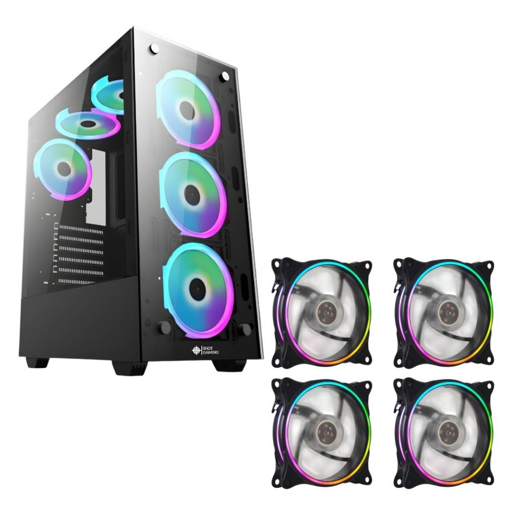 Combo de ventiladores LED RGB de la serie Gaming Pro de Shot, que incluye cuatro unidades de 12 cm con iluminación en aro doble cara, ideal para mejorar la refrigeración de tu PC. También incluye un elegante gabinete gamer con paneles de cristal templado,