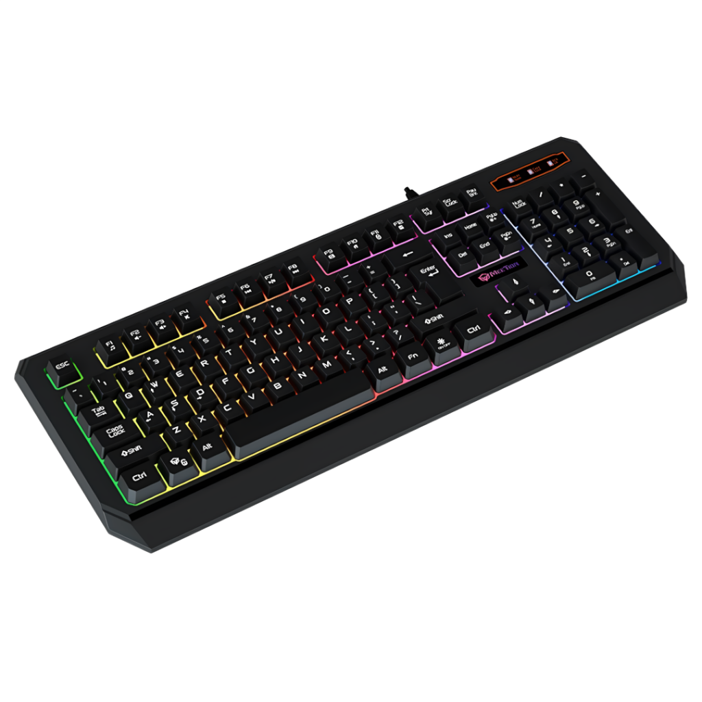 Teclado gamer retroiluminado Meetion K9320, diseñado para ofrecer comodidad y rendimiento. Con retroiluminación en colores arco iris, teclas silenciosas y resistente a derrames. Ideal para gamers y profesionales. Compatible con Windows y Mac, cuenta con 1