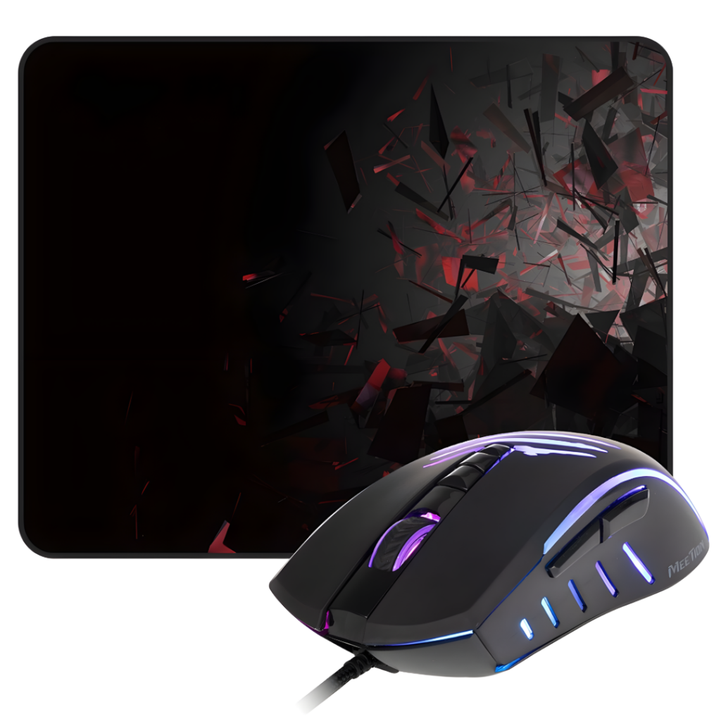 Set de gaming C011 que incluye un ratón ligero con retroiluminación RGB y un diseño ergonómico, ideal para largas sesiones de juego. La alfombrilla antideslizante ofrece una superficie suave para un deslizamiento preciso. Compatible con múltiples sistemas