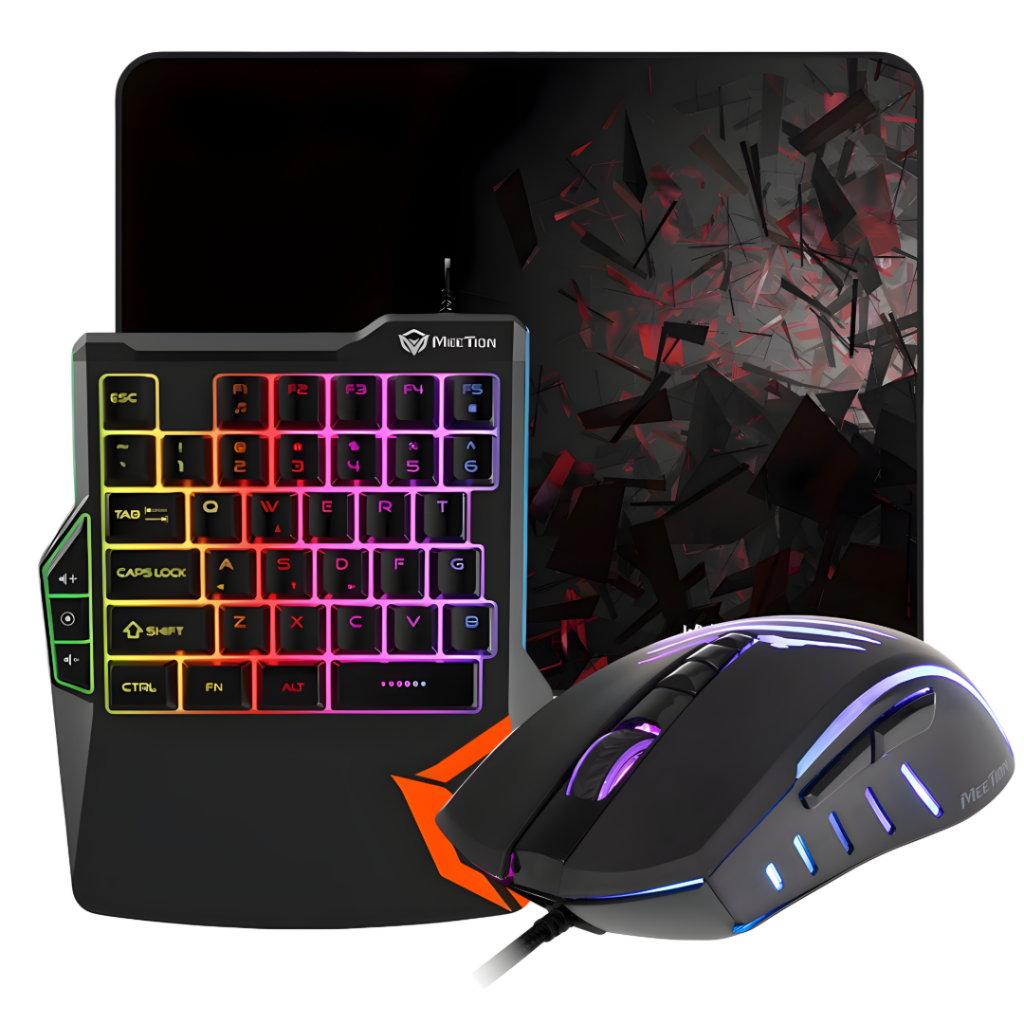 Teclado gamer KB015, ratón C011 y mouse pad, con retroiluminación RGB. El teclado tiene un diseño compacto y 35 teclas programables, ideal para juegos y oficina. El ratón cuenta con un sensor óptico de 6400 DPI y botones laterales. Perfectos para una expe