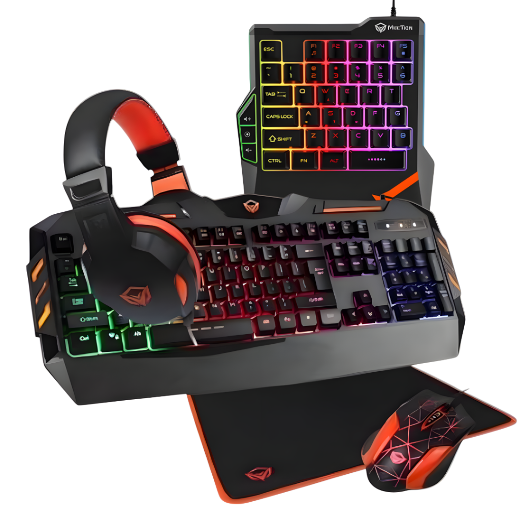 El combo gamer MeeTion incluye un teclado retroiluminado con teclas suaves, un mouse ergonómico con DPI ajustable y auriculares de alta fidelidad, un teclado de una mano y mouse pad. Ideal para gamers y profesionales, este set ofrece comodidad y rendimien