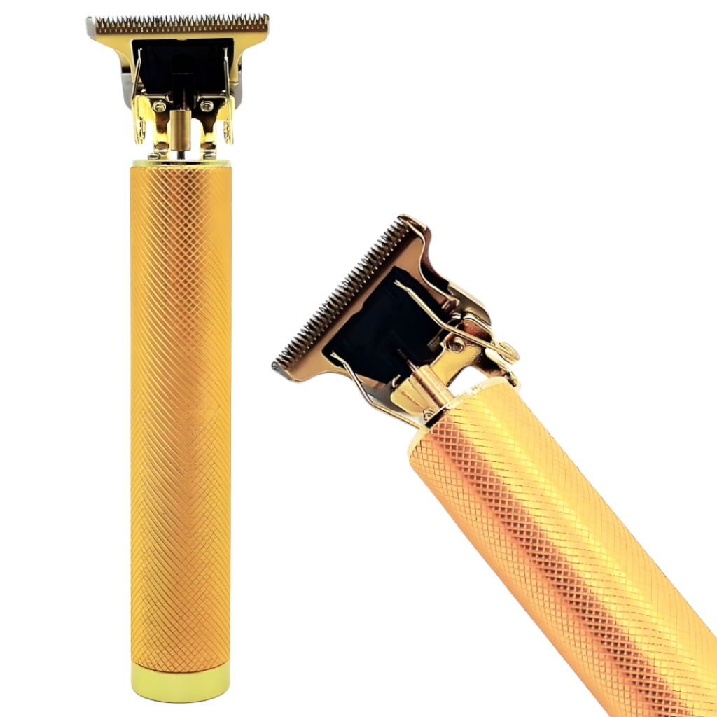 El trimmer Vintage T9 es un dispositivo de afeitado inalámbrico y ligero, diseñado en color dorado. Cuenta con cuatro cabezales planos, batería recargable y es resistente al agua. Ideal para barba, bigote y patillas, ofrece cortes precisos y un rendimient