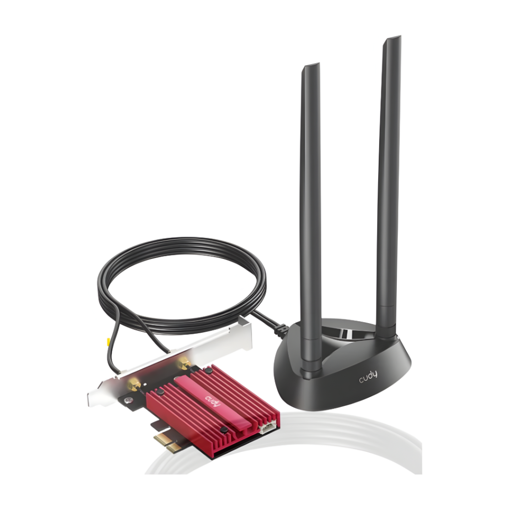 Potencia tu conexión con el Adaptador Cudy PCI-E WiFi 6E y Bluetooth 5.3 en color bordo. Experimenta velocidad ultrarrápida y una conectividad sin interrupciones. ¡Actualiza tu PC hoy! 