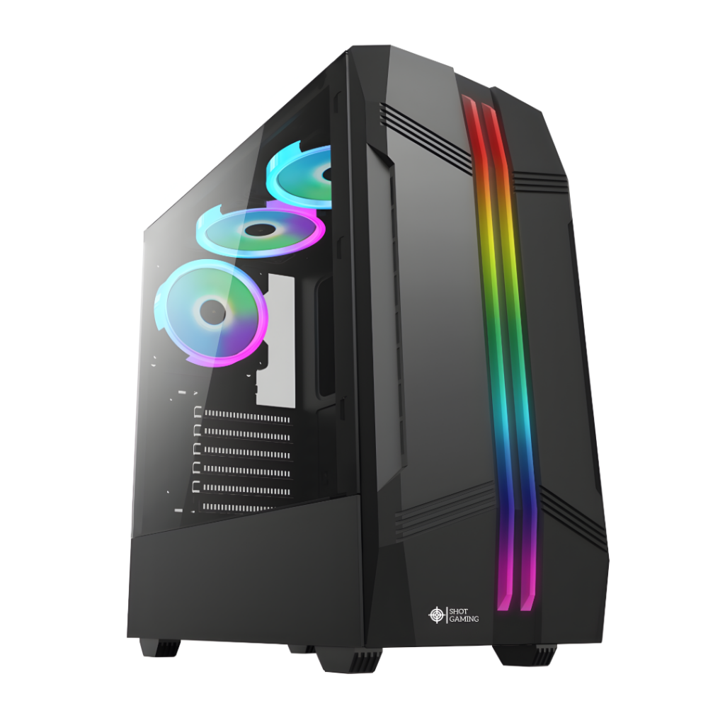 Con el Gabinete Gamer Shot Gaming, cada partida se convierte en una experiencia única. Su robusto diseño de cristal templado y el espectacular RGB frontal no solo mejoran la estética, sino que también garantizan una excelente ventilación para tus componen