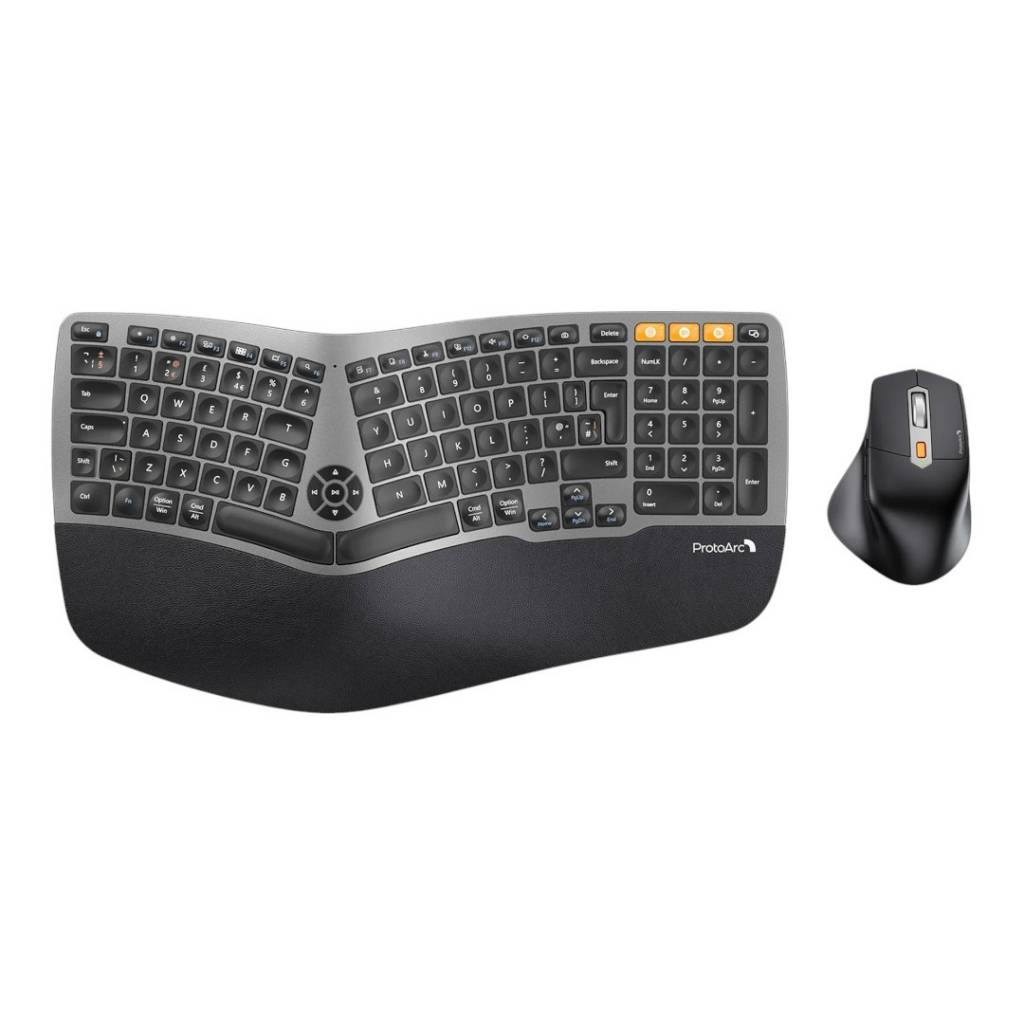 Optimiza tu espacio de trabajo con el Combo Mouse y Teclado Español Ergonómico Inalámbrico ProtoArc EKM01 Plus. Su elegante diseño negro y ergonomía avanzada ofrecen una experiencia de usuario excepcional. Conéctate sin cables y disfruta de la escritura c