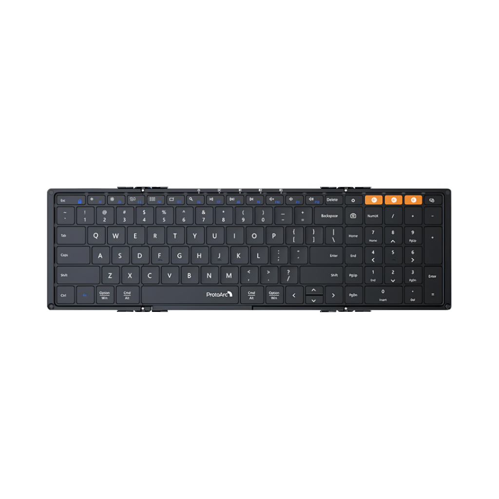 El Teclado Plegable Bluetooth ProtoArc XK01 en negro combina portabilidad y funcionalidad. Su diseño plegable lo hace ideal para viajes, manteniendo la comodidad de escritura. ¡Haz que cada tarea sea fácil y rápida!  