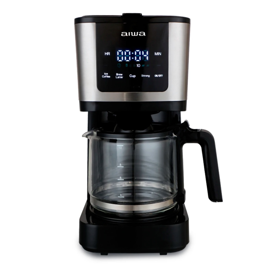 Prepara el café perfecto con la cafetera Aiwa AW-CD9423. Su jarra de vidrio y capacidad de 10 tazas la hacen esencial para los amantes del café. ¡Consíguela en negro!