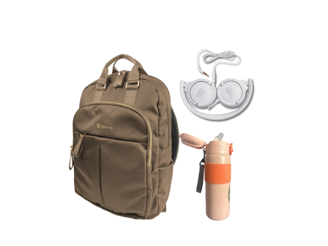 Viaja con estilo y comodidad con la mochila KNB-468 KLIP XTREME, los audífonos JBL TUNE 500 y la botella térmica Comet 600 ml.