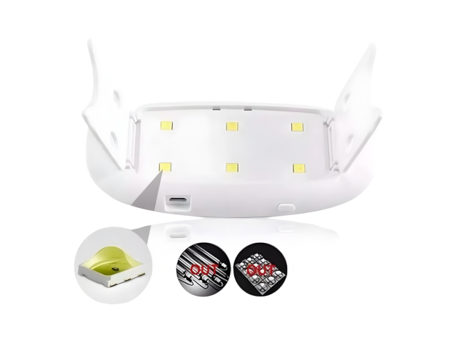 Mini cabina UV LED UVLED SUN MINI, un secador de uñas compacto y portátil que seca geles y esmaltes permanentes en 20 a 60 segundos. Cuenta con temporizador de 45 y 60 segundos, y es seguro para ojos, uñas y piel. Su diseño ligero permite llevarlo fácilme