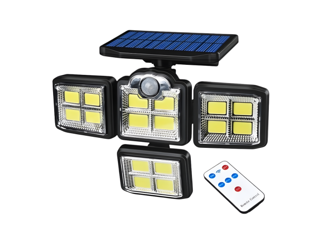 Foco solar de 4 cabezas con 35W de potencia y 198 LEDs COB, ideal para iluminar jardines y patios. Incluye un sensor de movimiento que activa la luz al detectar movimiento y un control remoto para ajustar la intensidad. Su batería de 2400 mAh garantiza un