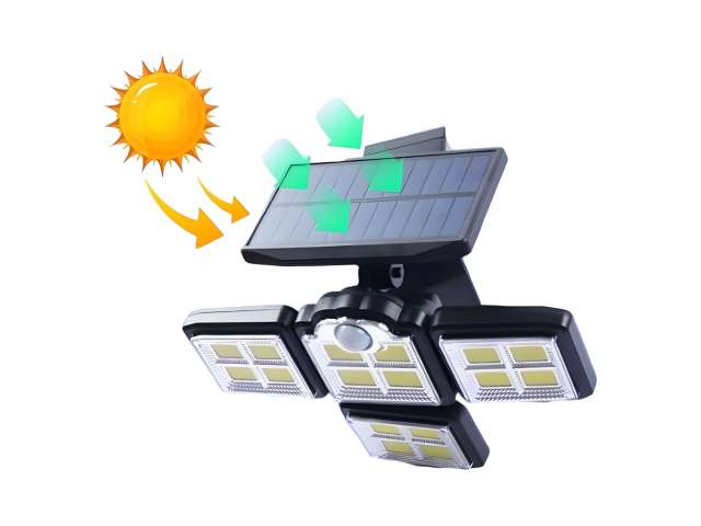 Foco solar de 4 cabezas con 35W de potencia y 198 LEDs COB, ideal para iluminar jardines y patios. Incluye un sensor de movimiento que activa la luz al detectar movimiento y un control remoto para ajustar la intensidad. Su batería de 2400 mAh garantiza un