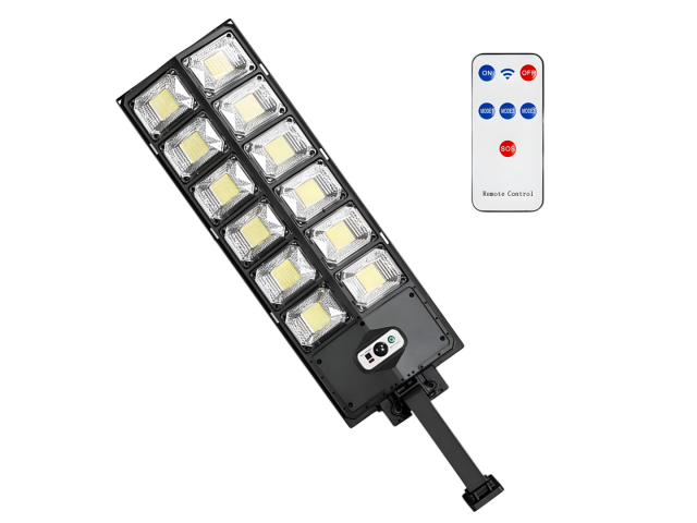 oco LED solar exterior con sensor de movimiento. Este dispositivo cuenta con 200W de potencia y 540 LEDs que emiten una luz brillante. Su diseño es alargado, mide 16.5 cm de ancho y 62 cm de largo. Incluye un control remoto para ajustar la configuración f