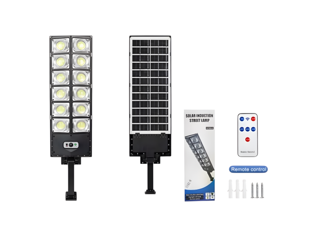 oco LED solar exterior con sensor de movimiento. Este dispositivo cuenta con 200W de potencia y 540 LEDs que emiten una luz brillante. Su diseño es alargado, mide 16.5 cm de ancho y 62 cm de largo. Incluye un control remoto para ajustar la configuración f