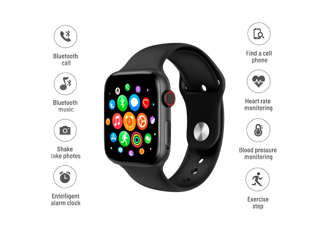 El Reloj Inteligente Smartwatch Fitness T500 es un dispositivo negro con una pantalla de 1.4 pulgadas. Ofrece funciones de monitoreo de salud, como la medición de presión arterial y frecuencia cardíaca. También permite realizar llamadas por Bluetooth y re