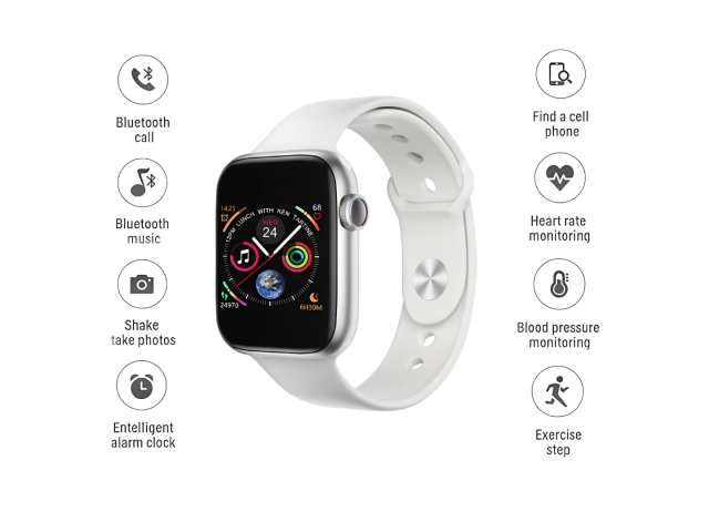 El Reloj Inteligente Smartwatch Fitness T500 es un dispositivo blanco con una pantalla de 1.4 pulgadas. Ofrece funciones de monitoreo de salud, como la medición de presión arterial y frecuencia cardíaca. También permite realizar llamadas por Bluetooth y r