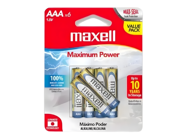 Pilas alcalinas Maxell AAA, pack de 6 unidades, 1.5 V. Ideales para juguetes y controles remotos. Vida útil de 5 años, seguras y libres de mercurio, cadmio y plomo, garantizando un uso confiable.