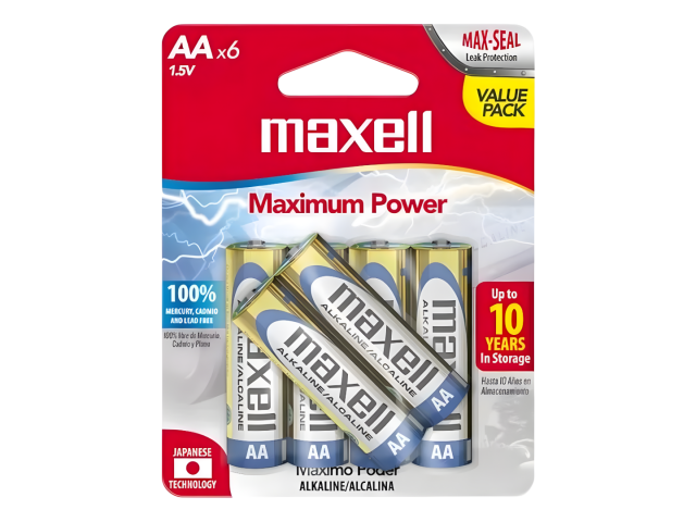 Pilas Maxell AA alcalinas en caja de 6 unidades, 1.5 V. Ideales para juguetes y controles electrónicos. Vida útil de 5 años, sin mercurio, cadmio ni plomo, garantizando un uso seguro y confiable.