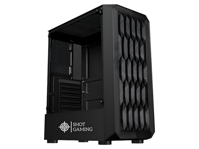 Gabinete Gamer Shot Gaming Pro Series SHOT-SUP-8322, con panel de cristal templado que permite ver los componentes internos. Su diseño negro y elegante incluye un PSU cover para mantener el orden. Estructura metálica duradera, compacto y con conexiones US