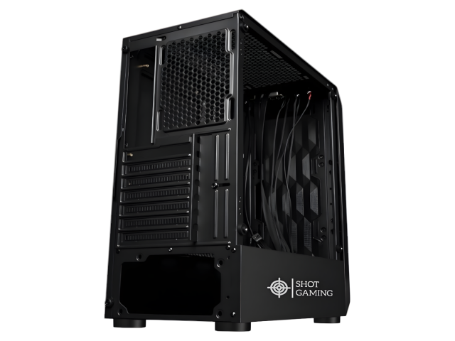 Gabinete Gamer Shot Gaming Pro Series SHOT-SUP-8322, con panel de cristal templado que permite ver los componentes internos. Su diseño negro y elegante incluye un PSU cover para mantener el orden. Estructura metálica duradera, compacto y con conexiones US