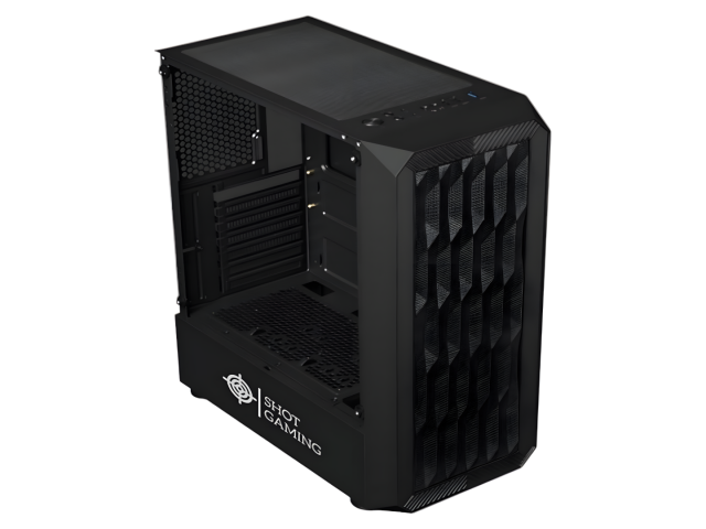 Gabinete Gamer Shot Gaming Pro Series SHOT-SUP-8322, con panel de cristal templado que permite ver los componentes internos. Su diseño negro y elegante incluye un PSU cover para mantener el orden. Estructura metálica duradera, compacto y con conexiones US