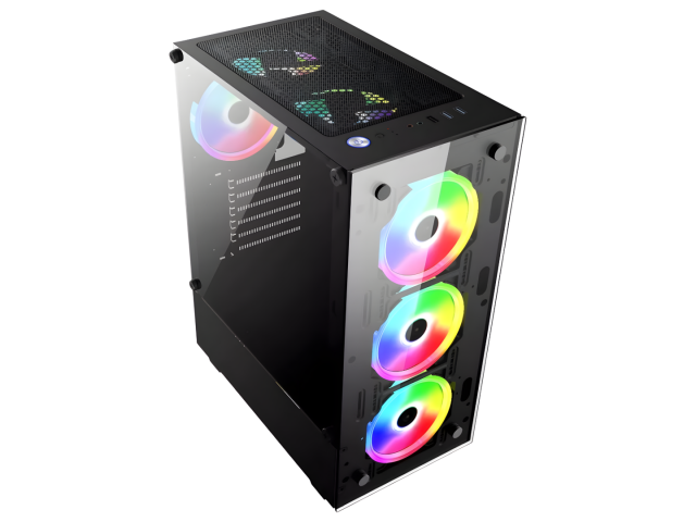 Gabinete Gamer Shot Gaming Pro Series SHOT-SUP-8012-80A, con paneles de cristal templado lateral y frontal que permiten ver los componentes internos. Su diseño negro incluye un PSU cover para mantener el orden. Estructura metálica duradera, tamaño compact