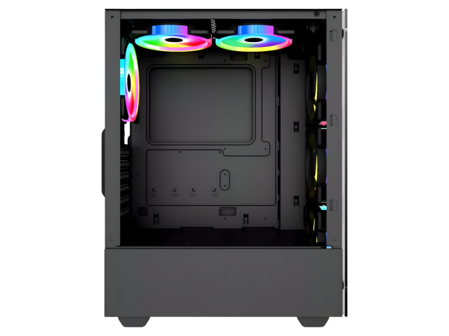 Gabinete Gamer Shot Gaming Pro Series SHOT-SUP-8012-80A, con paneles de cristal templado lateral y frontal que permiten ver los componentes internos. Su diseño negro incluye un PSU cover para mantener el orden. Estructura metálica duradera, tamaño compact