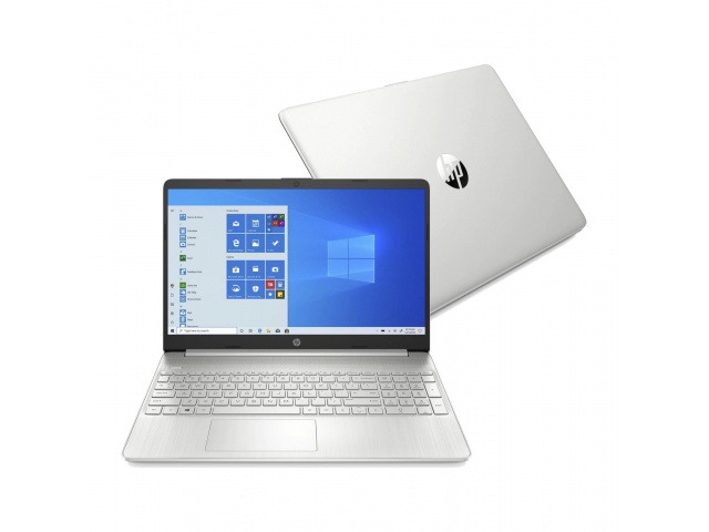 Imagen del HP Notebook 15-DY0025, un laptop con pantalla de 15.6 pulgadas y resolución de 1366 x 768 píxeles. Equipado con procesador Intel Pentium Silver N5030, 8GB de RAM y 256GB EMMC. Diseño en color plateado, ligero y portátil, ideal para trabajo y en