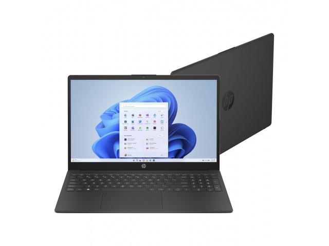 Imagen del HP Notebook 15-FD0038, un portátil de 15.6 pulgadas con pantalla Full HD. Equipado con procesador Intel Celeron N100, 8GB de RAM y 512GB de almacenamiento EMMC. Diseño ligero en color negro, ideal para estudiantes y profesionales. Incluye Windo