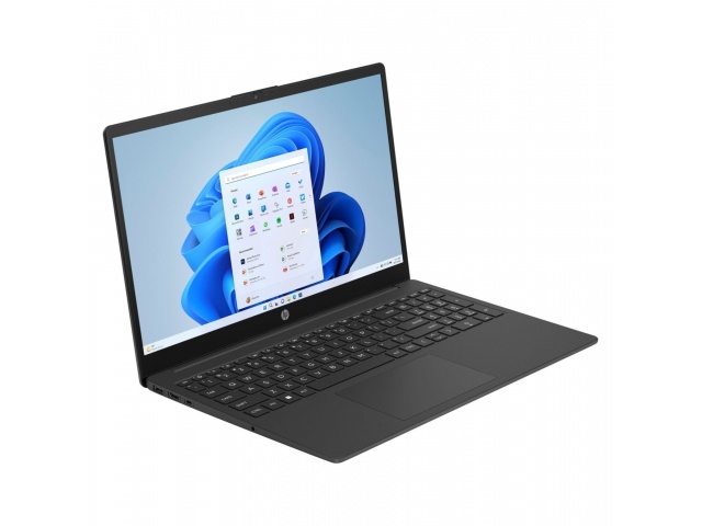 Imagen del HP Notebook 15-FD0038, un portátil de 15.6 pulgadas con pantalla Full HD. Equipado con procesador Intel Celeron N100, 8GB de RAM y 512GB de almacenamiento EMMC. Diseño ligero en color negro, ideal para estudiantes y profesionales. Incluye Windo