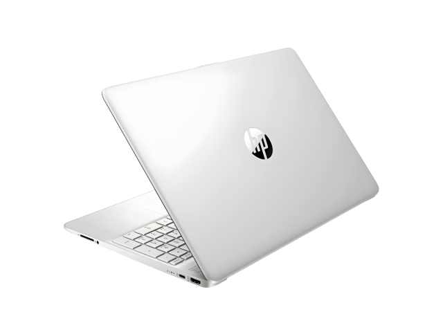 Imagen del HP Notebook 15-DY0025, un laptop con pantalla de 15.6 pulgadas y resolución de 1366 x 768 píxeles. Equipado con procesador Intel Pentium Silver N5030, 8GB de RAM y 256GB EMMC. Diseño en color plateado, ligero y portátil, ideal para trabajo y en