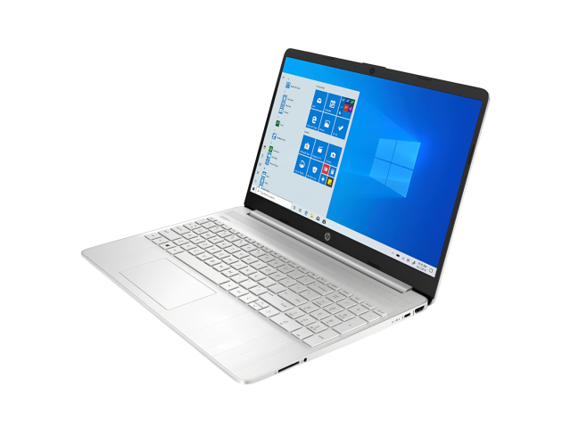 Imagen del HP Notebook 15-DY0025, un laptop con pantalla de 15.6 pulgadas y resolución de 1366 x 768 píxeles. Equipado con procesador Intel Pentium Silver N5030, 8GB de RAM y 256GB EMMC. Diseño en color plateado, ligero y portátil, ideal para trabajo y en