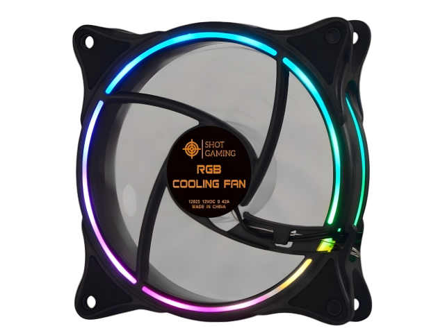 Ventilador RGB de la serie Shot Gaming Pro, de 12 cm, con iluminación en aro doble cara. Diseñado para ofrecer refrigeración eficiente y funcionamiento silencioso. Conector Molex de 4 pines, ideal para configuraciones en cascada. Perfecto para mejorar la 