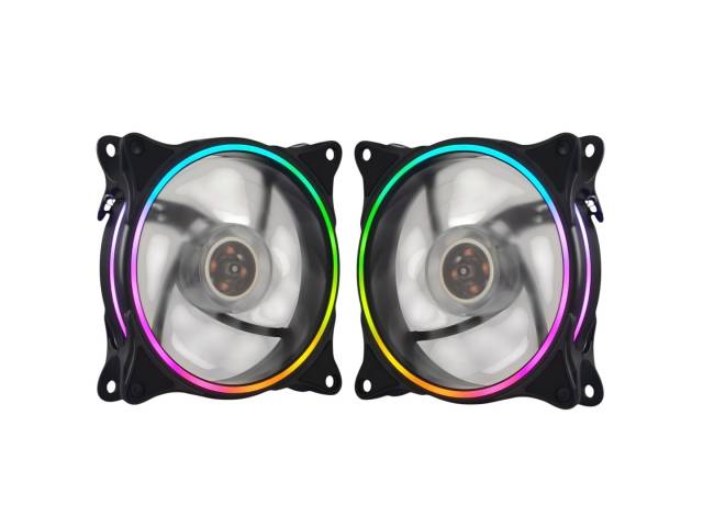 Ventilador RGB de la serie Shot Gaming Pro, de 12 cm, con iluminación en aro doble cara. Pack de 2 unidades diseñado para ofrecer refrigeración eficiente y funcionamiento silencioso. Conector Molex de 4 pines, ideal para configuraciones en cascada. Perfec