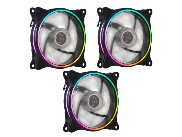 Ventilador RGB de la serie Shot Gaming Pro, de 12 cm, con iluminación en aro doble cara. Pack de 3 unidades diseñado para ofrecer refrigeración eficiente y funcionamiento silencioso. Conector Molex de 4 pines, ideal para configuraciones en cascada. Perfec