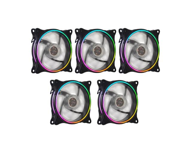 Ventilador RGB de la serie Shot Gaming Pro, de 12 cm, con iluminación en aro doble cara. Pack de 5 unidades diseñado para ofrecer refrigeración eficiente y funcionamiento silencioso. Conector Molex de 4 pines, ideal para configuraciones en cascada. Perfec