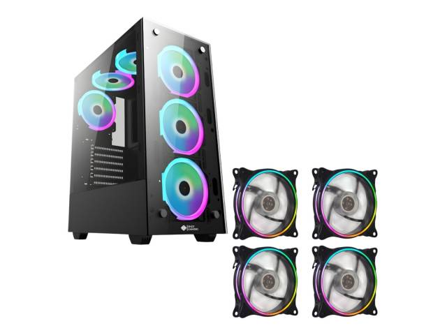 Combo de ventiladores LED RGB de la serie Gaming Pro de Shot, que incluye cuatro unidades de 12 cm con iluminación en aro doble cara, ideal para mejorar la refrigeración de tu PC. También incluye un elegante gabinete gamer con paneles de cristal templado,