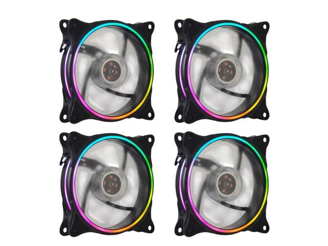 Combo de ventiladores LED RGB de la serie Gaming Pro de Shot, que incluye cuatro unidades de 12 cm con iluminación en aro doble cara, ideal para mejorar la refrigeración de tu PC. También incluye un elegante gabinete gamer con paneles de cristal templado,