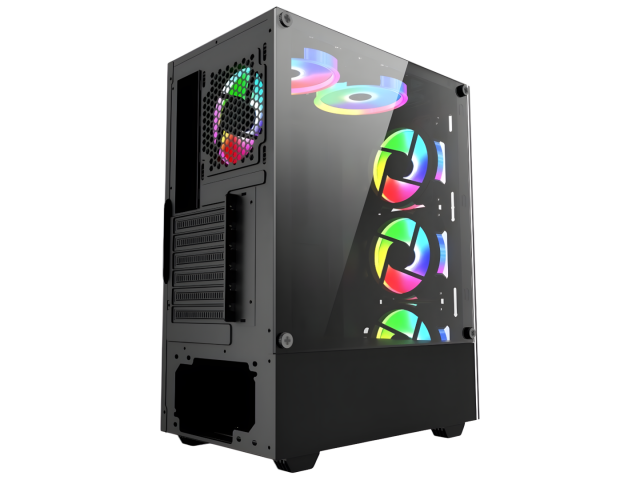 Combo de ventiladores LED RGB de la serie Gaming Pro de Shot, que incluye cuatro unidades de 12 cm con iluminación en aro doble cara, ideal para mejorar la refrigeración de tu PC. También incluye un elegante gabinete gamer con paneles de cristal templado,