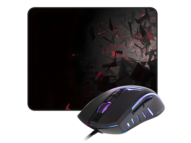 Set de gaming C011 que incluye un ratón ligero con retroiluminación RGB y un diseño ergonómico, ideal para largas sesiones de juego. La alfombrilla antideslizante ofrece una superficie suave para un deslizamiento preciso. Compatible con múltiples sistemas